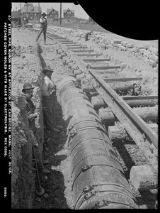 Electrolysis, Cambridge Water Works, Huron Avenue at Appleton Street, 40-inch steel pipe pitted by electrolysis; patches cover holes and pits made by electrolysis (compare with No. 5558), Cambridge, Mass., Jul. 30, 1904