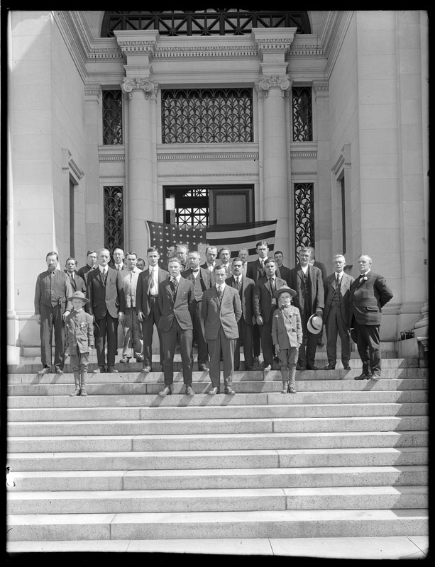 Metropolitan Water Works Miscellaneous, Chestnut Hill Low Service Pumping Station, group of people on steps, Brighton, Mass., ca. 1900-1919