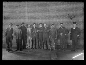 Metropolitan Water Works Miscellaneous, portrait, of 10 men; inside a pumping station?, Mass., ca. 1900-1919