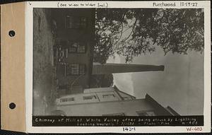 Chimney of mill at White Valley after being struck by lightning, looking west, White Valley, Barre, Mass., Jul. 11, 1932