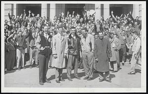 Rousing Sendoff For Holy Cross Basketball Players was held on the campus yesterday prior to their departure for New York and the NCAA championship which begins tomorrow night. Receiving the plaudits of their fellow students are (left to right) Seniors Matt Forman, Frank Oftring, Bob Cousy, Dennis O'Shea and Andy Laska.
