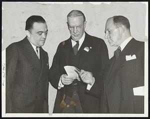 Mayor Frederick W. Mansfield of Boston (center), who presided over a law enforcement and crime session in Washington. He is shown with J. Edgar Hoover (left) of department of justice, Commissioner Lewis J. Valentine of New York.