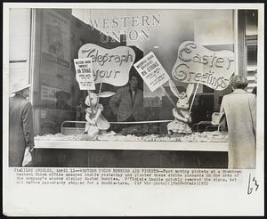 Los Angeles – Western Union Bunnies Aid Pickets – Fast moving pickets at a downtown Western Union office sneaked inside yesterday and planted these strike placards in the arms of the company’s window display Easter bunnies. Officials inside quickly removed the signs, but not before passers-by stopped for a double-take.