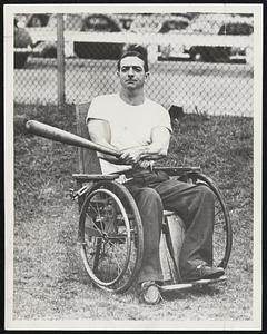 Unconquered by Polo is Dell Ryan, assistant caretaker of Nickerson Field, the Boston University play field. Although forced to get around in a wheel chair, Ryan is a sports enthusiast and participant. He is shown here with a bat as he takes part in a pepper game of baseball. He also coaches and manages young sports groups.