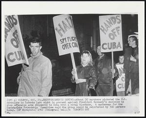 Toronto – Reinforcements Coming – About 30 marchers picketed the U.S. consulate in Toronto last night in protest against President Kennedy’s decision to stop offensive arms shipments to Cuba with a naval blockade. A spokesman for the Canada-Cuba Friendship Committee said the group would be reinforced by 300 persons today.