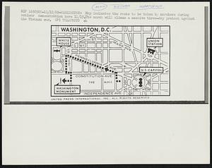 Map indicates the route to be taken by marchers during antiwar demonstration here 11/15.The march will climax a massive three-day protest against the Vietnam war.