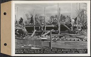 Contract No. 116, Quabbin Park Cemetery Building, Ware, looking northwesterly at stone work on Quabbin Park Cemetery building, showing general conditions, Ware, Mass., Nov. 7, 1940