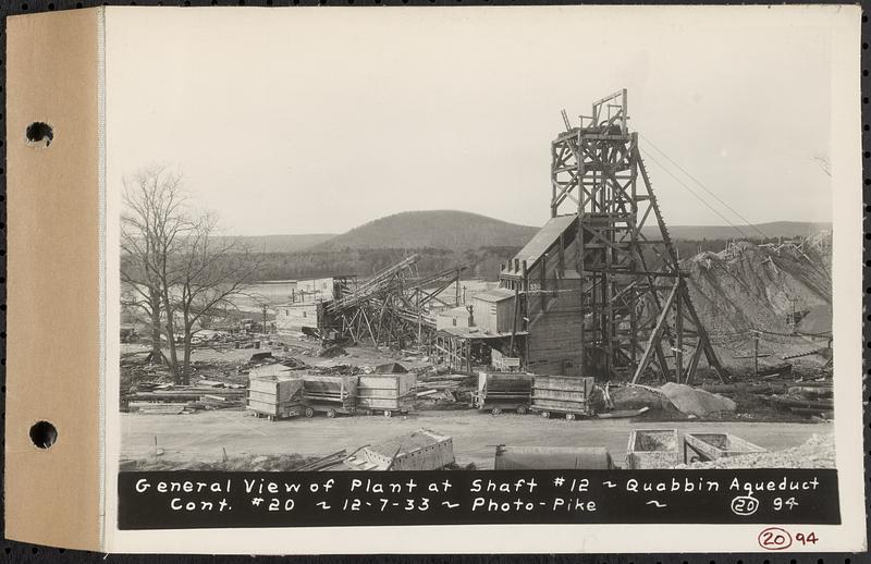 Contract No. 20, Coldbrook-Swift Tunnel, Barre, Hardwick, Greenwich, general view of plant at Shaft 12, Quabbin Aqueduct, Hardwick, Mass., Dec. 7, 1933