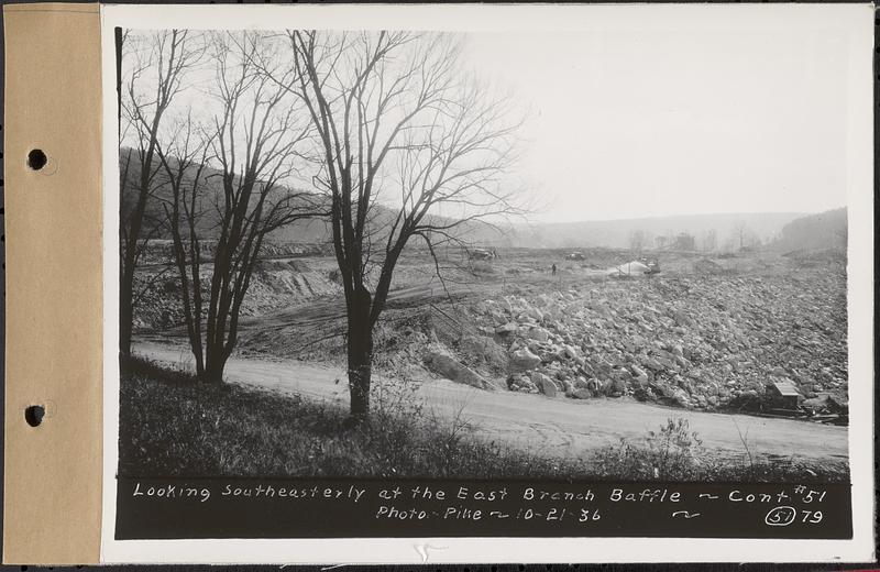 Contract No. 51, East Branch Baffle, Site of Quabbin Reservoir, Greenwich, Hardwick, looking southeasterly at the east branch baffle, Hardwick, Mass., Oct. 21, 1936