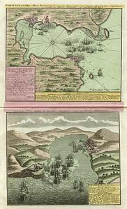 Dieser Grund Riss von dem Hafen der Stadt u. den Forten von Porto belo ... Perspectivische Vorstellung des Hafens, Castels u. der Stadt Porto belo ...