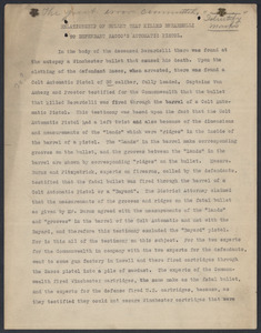 Sacco-Vanzetti Case Records, 1920-1928. Defense Papers. Typescript, "Relationship of Bullet that Killed Berardelli to Defendant Sacco's Automatic Pistol," n.d. Box 15, Folder 3, Harvard Law School Library, Historical & Special Collections