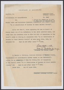 Sacco-Vanzetti Case Records, 1920-1928. Defense Papers. Motion for Extension of Time to File Bill of Exceptions in Connection with Court's Order "In re substitution of Barrels in Court Exhibit Pistols," March 25, 1924. Box 15, Folder 15, Harvard Law School Library, Historical & Special Collections