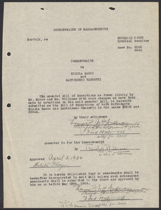 Sacco-Vanzetti Case Records, 1920-1928. Defense Papers. Papers re: Bill of Exceptions, 1924. Box 15, Folder 23, Harvard Law School Library, Historical & Special Collections