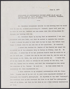 Sacco-Vanzetti Case Records, 1920-1928. Defense Papers. Memo re: conversation among W.G. Thompson, Crawford, Goddard, and Ehrmann, June 6, 1927. Box 15, Folder 24, Harvard Law School Library, Historical & Special Collections