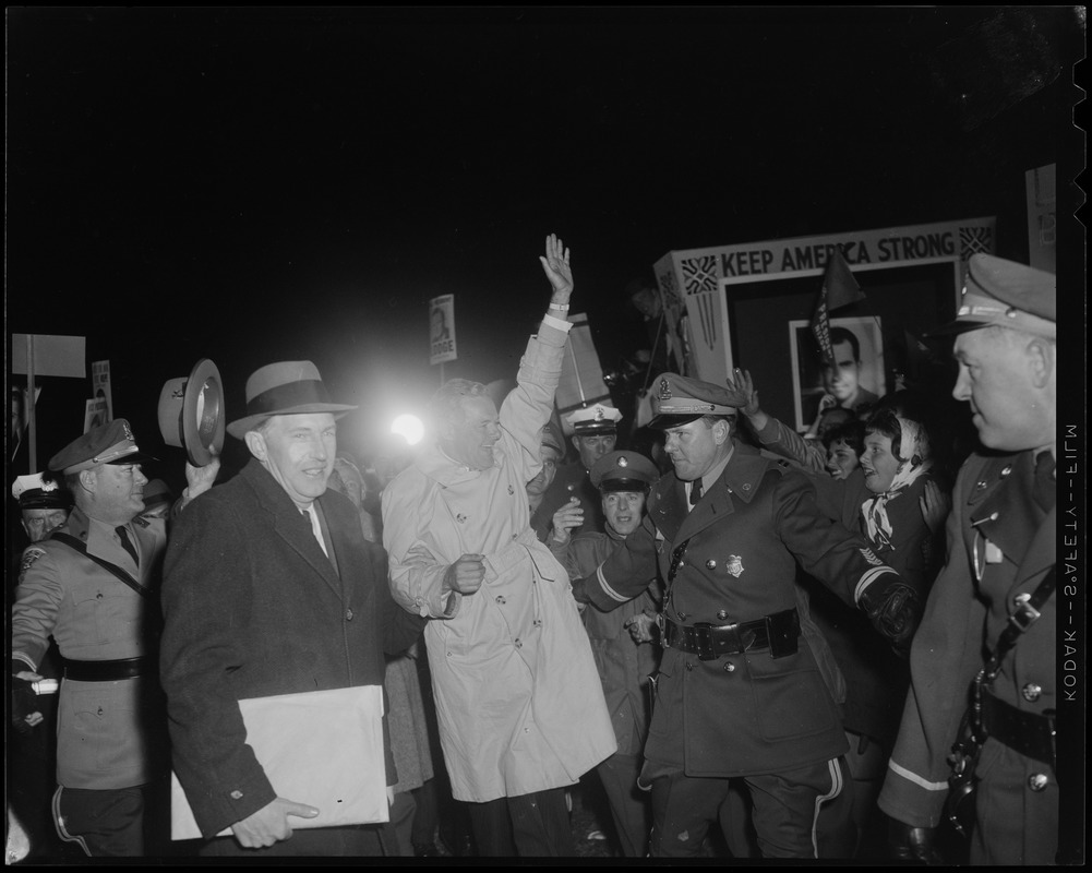 Henry Cabot Lodge, Jr. waving to supporters at Beverly airport