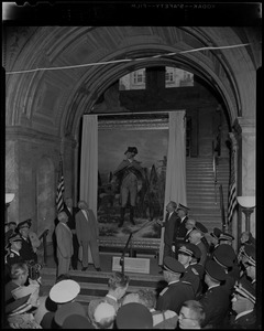 John B. Hynes unveiling Emanuel Leutze's painting "Washington at Dorchester Heights" in the McKim Building of the Boston Public Library as part of city's 325th birthday celebrations