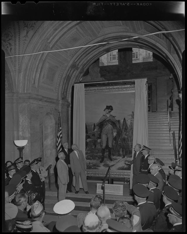 John B. Hynes unveiling Emanuel Leutze's painting "Washington at Dorchester Heights" in the McKim Building of the Boston Public Library as part of city's 325th birthday celebrations