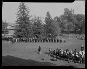 Academic procession, with musicians on lawn, at inauguration of Dr. Ruth M. Adams as president of Wellesley College