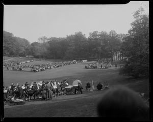 Stage, audience, and musicians on lawn at inauguration of Dr. Ruth M. Adams as president of Wellesley College