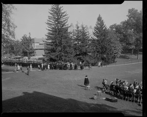 Academic procession, with musicians on lawn, at inauguration of Dr. Ruth M. Adams as president of Wellesley College