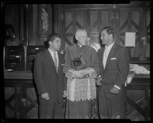 Tony DeMarco, Archbishop Richard Cushing, and Rocky Marciano together for Columbus Day celebrations
