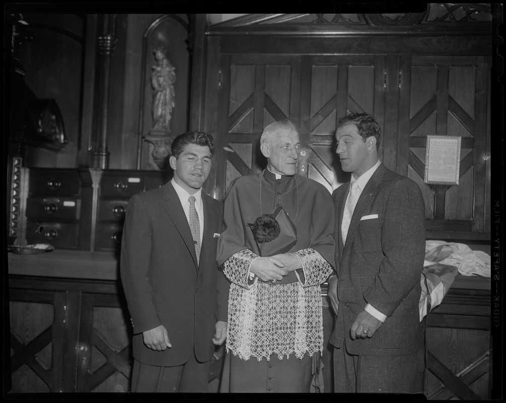 Tony DeMarco, Archbishop Richard Cushing, and Rocky Marciano together for Columbus Day celebrations