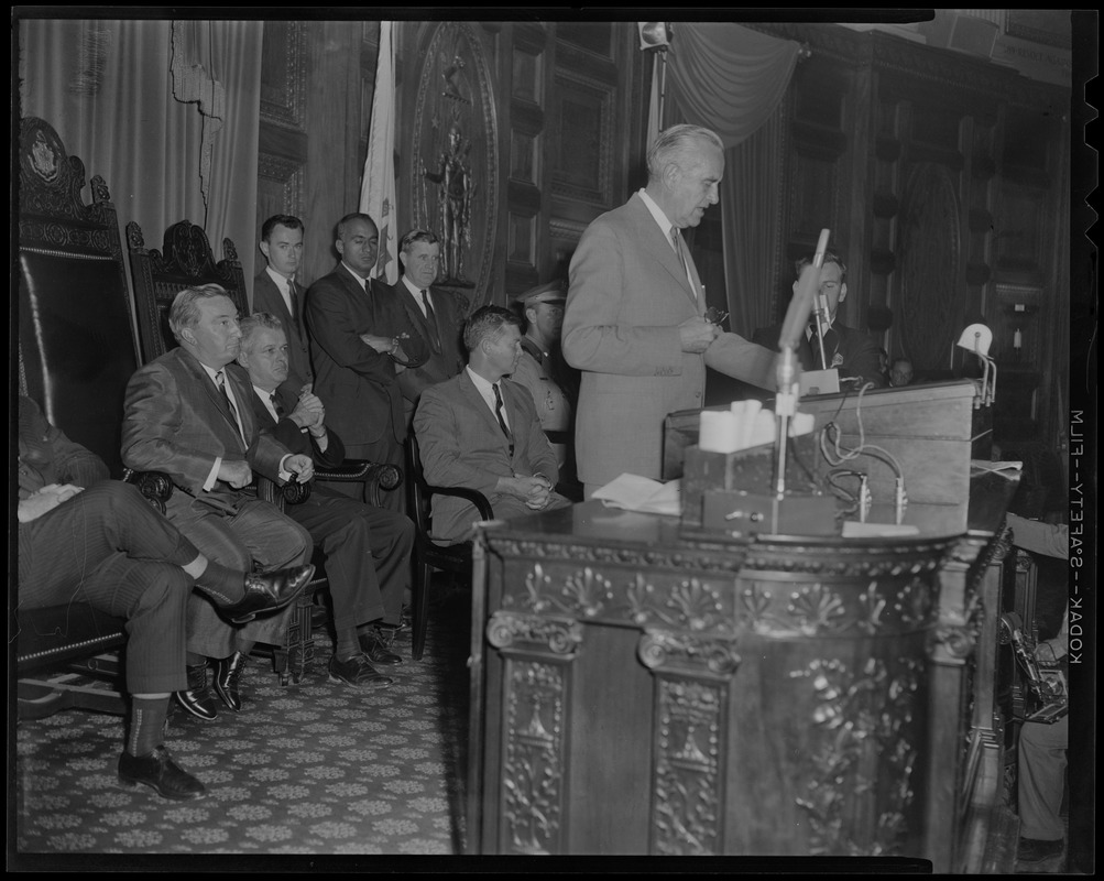 Under Secretary of State W. Averell Harriman addressing legislators at Massachusetts State House, audience includes Sen. Pres. John E. Powers, Gov. Endicott Peabody and Lt. Gov. Francis X. Bellotti