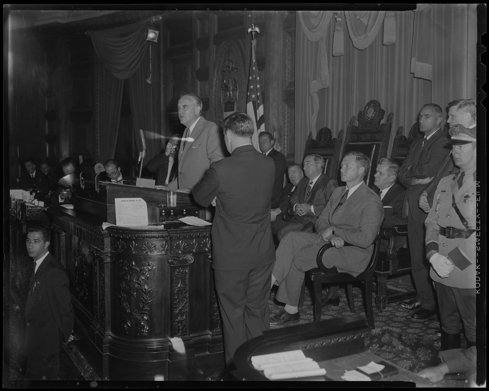 Under Secretary of State W. Averell Harriman addressing legislators at Massachusetts State House, audience includes Sen. Pres. John E. Powers, Gov. Endicott Peabody and Lt. Gov. Francis X. Bellotti