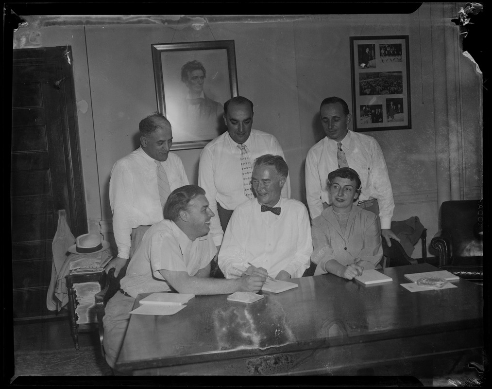 GOP state ticket--First post-convention conference of the Republican State Ticket gets under way at the Republican Club, Beacon st., with Christian Herter (seated, center), GOP gubernatorial candidate, as presiding officer. He's surrounded by Sumner Whittier, Everett, candidate for Lt. Governor, Mrs. Beatrice H. Mullaney, Fall River, seeking Secretary of Commonwealth post, David J. Mintz, Auditor candidate, George Fingold, Concord, candidate for Atty. General, and Roy Papalia, Watertown, seeking Treasurer's berth