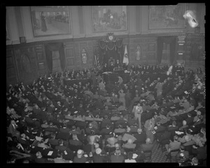 View of crowd in House Chamber of Massachusetts State House for inauguration of Gov. Herter