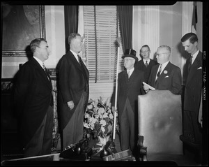 Gov. Christian Herter, Lt. Gov. Sumner G. Whittier, sergeant-at-arms, and others at inauguration