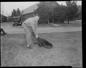 Man holding beaver by tail