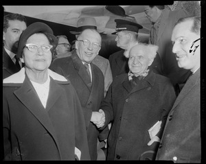 Lt. Governor Robert F. Murphy and David Ben-Gurion shaking hands, with Paula Ben-Gurion, Ambassador Avraham Harman, and others