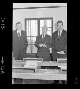 Boston city councilor Patrick McDonough, Jail Master Vincent Rice, and Boston city councilor Gerald F. O'Leary during City Council tour of Charles Street Jail