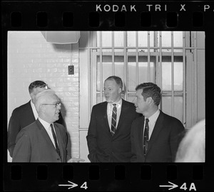 Jail Master Vincent Rice, Sheriff John W. Sears, and Boston city councilor Gerald F. O'Leary during City Council tour of Charles Street Jail