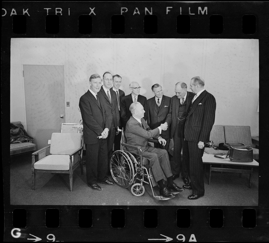 Konrad E. Bloch, James D. Watson, William P. Murphy, Mayor John Collins, Gov. John Volpe, Dr. John F. Enders, and Edward Weeks after Medal for Distinguished Achievement luncheon