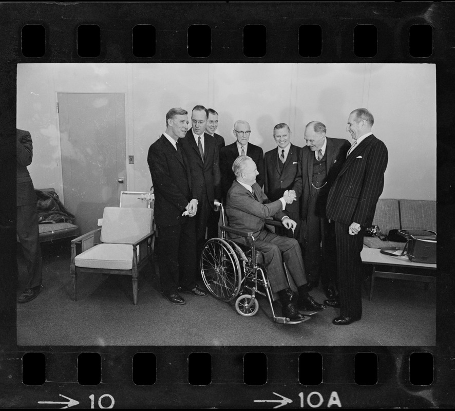 Konrad E. Bloch, James D. Watson, William P. Murphy, Mayor John Collins, Gov. John Volpe, Dr. John F. Enders, and Edward Weeks after Medal for Distinguished Achievement luncheon