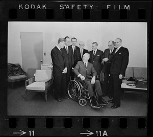 Konrad E. Bloch, James D. Watson, William P. Murphy, Mayor John Collins, Gov. John Volpe, Dr. John F. Enders, and Edward Weeks after Medal for Distinguished Achievement luncheon