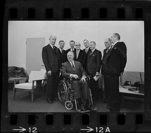 Six of the seven Greater Boston men who were awarded Boston's new Medal for Distinguished Achievement gather with Mayor John Collins, the Governor and luncheon toastmaster. From L. to R. Atty. Charles A. Coolidge, Drs. Konrad E. Bloch, James D. Watson, William P. Murphy, Charles H. Towne, Gov. Volpe, Dr. John F. Enders and Edward Weeks, Toastmaster. Luncheon was held at Hub's new War Memorial Auditorium