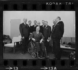 Six of the seven Greater Boston men who were awarded Boston's new Medal for Distinguished Achievement gather with Mayor John Collins, the Governor and luncheon toastmaster. From L. to R. Atty. Charles A. Coolidge, Drs. Konrad E. Bloch, James D. Watson, William P. Murphy, Charles H. Towne, Gov. Volpe, Dr. John F. Enders and Edward Weeks, Toastmaster. Luncheon was held at Hub's new War Memorial Auditorium