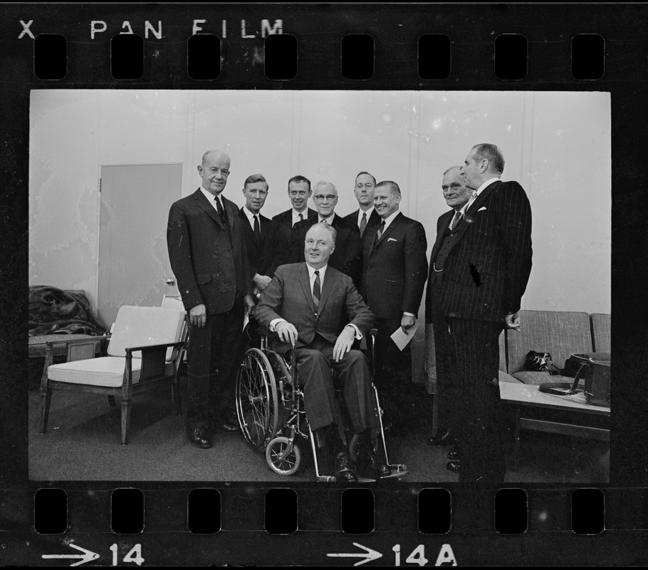 Six of the seven Greater Boston men who were awarded Boston's new Medal for Distinguished Achievement gather with Mayor John Collins, the Governor and luncheon toastmaster. From L. to R. Atty. Charles A. Coolidge, Drs. Konrad E. Bloch, James D. Watson, William P. Murphy, Charles H. Towne, Gov. Volpe, Dr. John F. Enders and Edward Weeks, Toastmaster. Luncheon was held at Hub's new War Memorial Auditorium