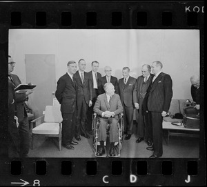 Konrad E. Bloch, James D. Watson, William P. Murphy, Mayor John Collins, Gov. John Volpe, Dr. John F. Enders, and Edward Weeks after Medal for Distinguished Achievement luncheon