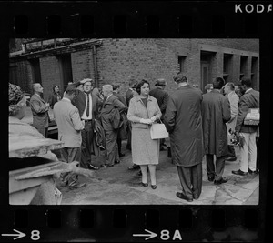 School Committee Chairman Louise Day Hicks waits to enter back door of Committee headquarters after pickets blocked the front