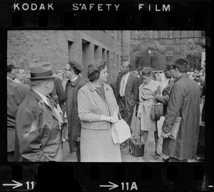 School Committee Chairman Louise Day Hicks waits to enter back door of Committee headquarters after pickets blocked the front