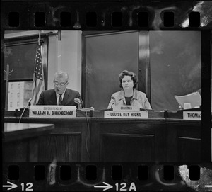 Superintendent William H. Ohrenberger and Chairman Louise Day Hicks at Boston School Committee meeting