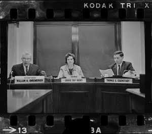 Superintendent William H. Ohrenberger, Chairman Louise Day Hicks, and Thomas S. Eisenstadt at Boston School Committee meeting