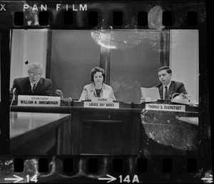 Superintendent William H. Ohrenberger, Chairman Louise Day Hicks, and Thomas S. Eisenstadt at Boston School Committee meeting