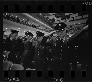 Saluting military personnel at dedication ceremony for War Memorial Auditorium
