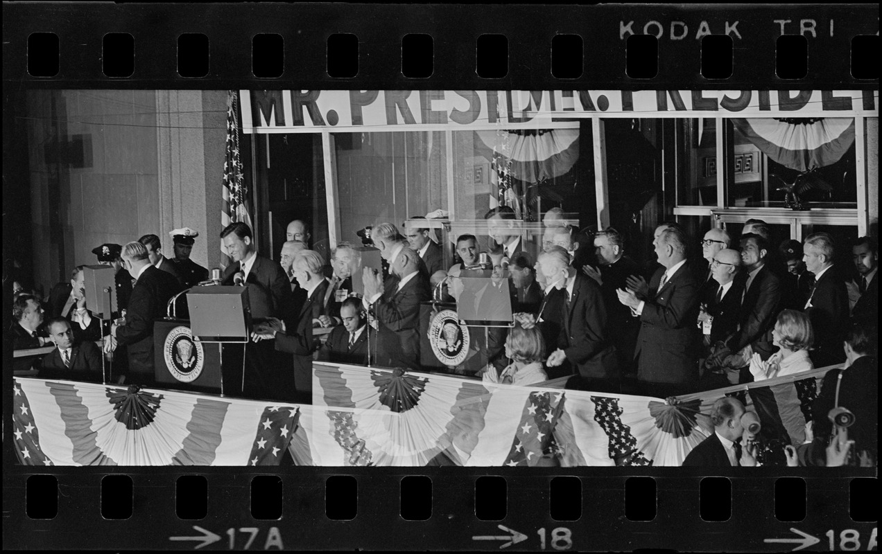 Gov. Endicott Peabody addressing campaign rally in Post Office Square