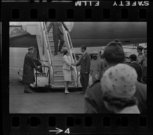 Lady Bird Johnson greeted at Logan Airport by Gov. Endicott Peabody